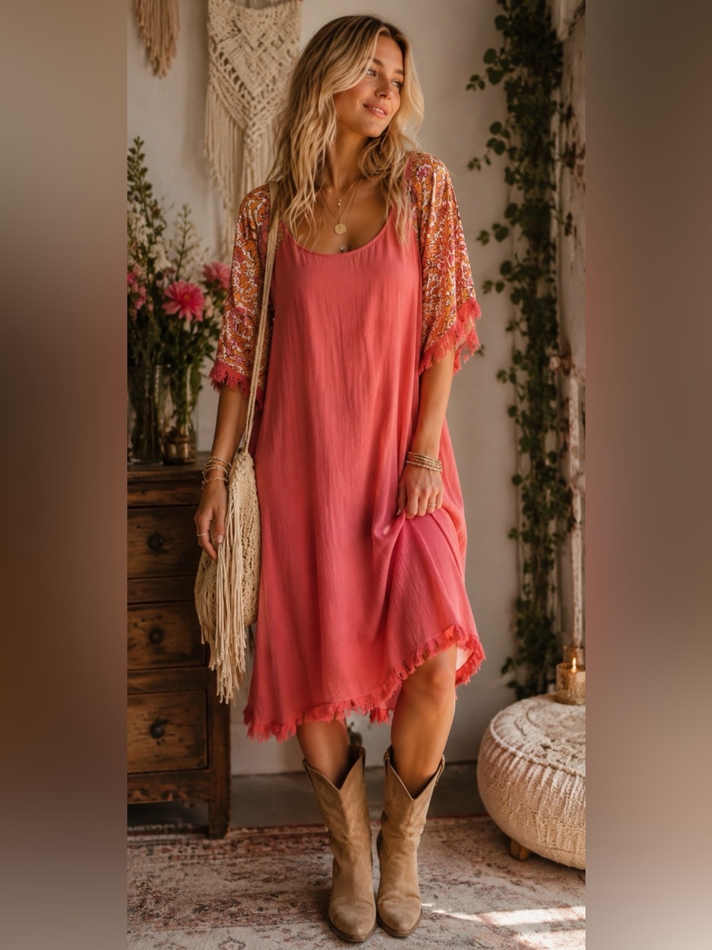 Umgee Floral Orange and Pink Dress size small boho oversized linen blend summer